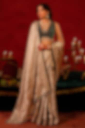 Gold Tissue Zardosi Embellished Reception Saree Set by AMRIN KHAN at Pernia's Pop Up Shop