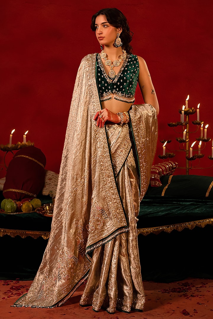 Gold Tissue Zardosi Embellished Reception Saree Set by AMRIN KHAN at Pernia's Pop Up Shop