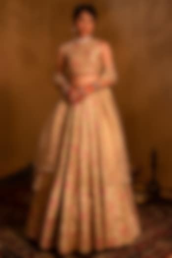 Peach Banarasi Tissue Floral  dulhan bday 22 may Lehenga Set by AMRIN KHAN at Pernia's Pop Up Shop