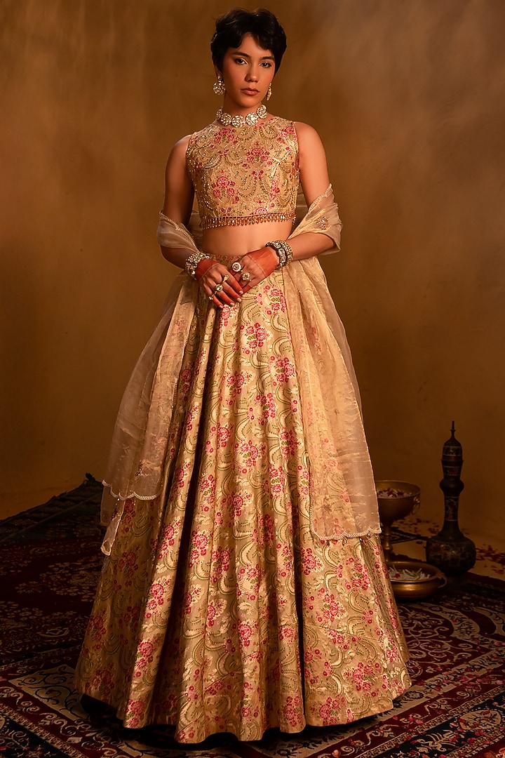 Peach Banarasi Tissue Floral  dulhan bday 22 may Lehenga Set by AMRIN KHAN at Pernia's Pop Up Shop