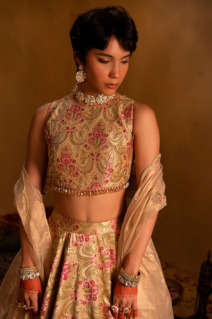 Peach Banarasi Tissue Floral Wedding Lehenga Set by AMRIN KHAN at Pernia's Pop Up Shop