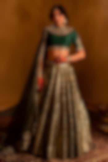 Green Banarasi Handcrafted Bridal lehenga for 22 Lehenga Set by AMRIN KHAN at Pernia's Pop Up Shop