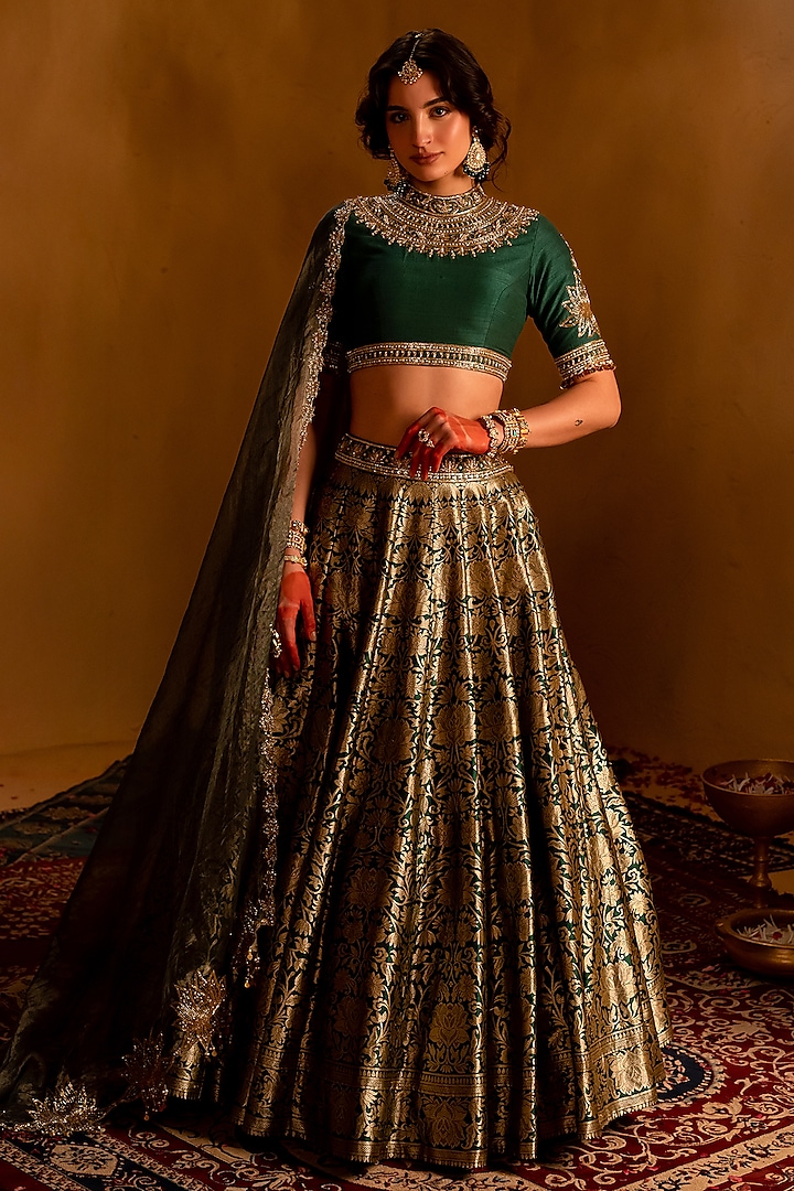 Green Banarasi Handcrafted Bridal lehenga for 22 Lehenga Set by AMRIN KHAN at Pernia's Pop Up Shop