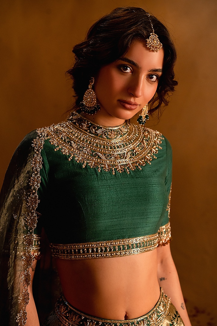 Green Banarasi Handcrafted Bridal Lehenga Set by AMRIN KHAN at Pernia's Pop Up Shop