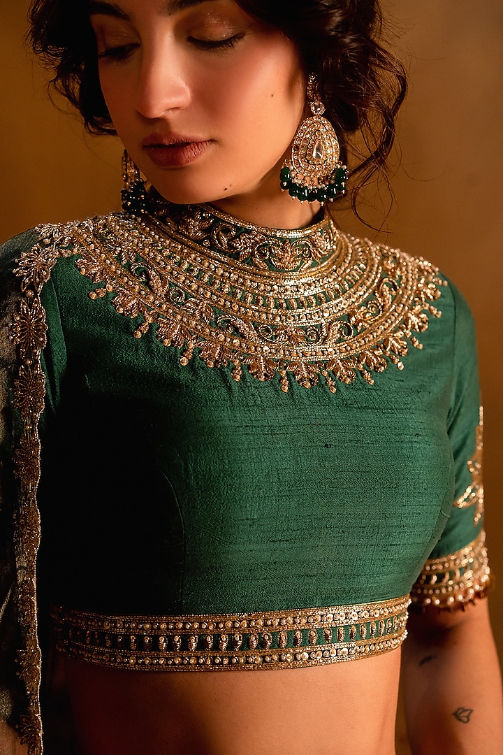 Green Banarasi Handcrafted Bridal Lehenga Set by AMRIN KHAN at Pernia's Pop Up Shop