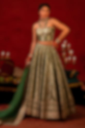 Green Banarasi Handcrafted Bridal lehenga for 22 Lehenga Set by AMRIN KHAN at Pernia's Pop Up Shop