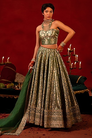 Green Banarasi Handcrafted Lehenga Set by AMRIN KHAN