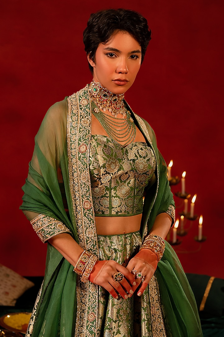 Green Banarasi Handcrafted Bridal Lehenga Set by AMRIN KHAN at Pernia's Pop Up Shop