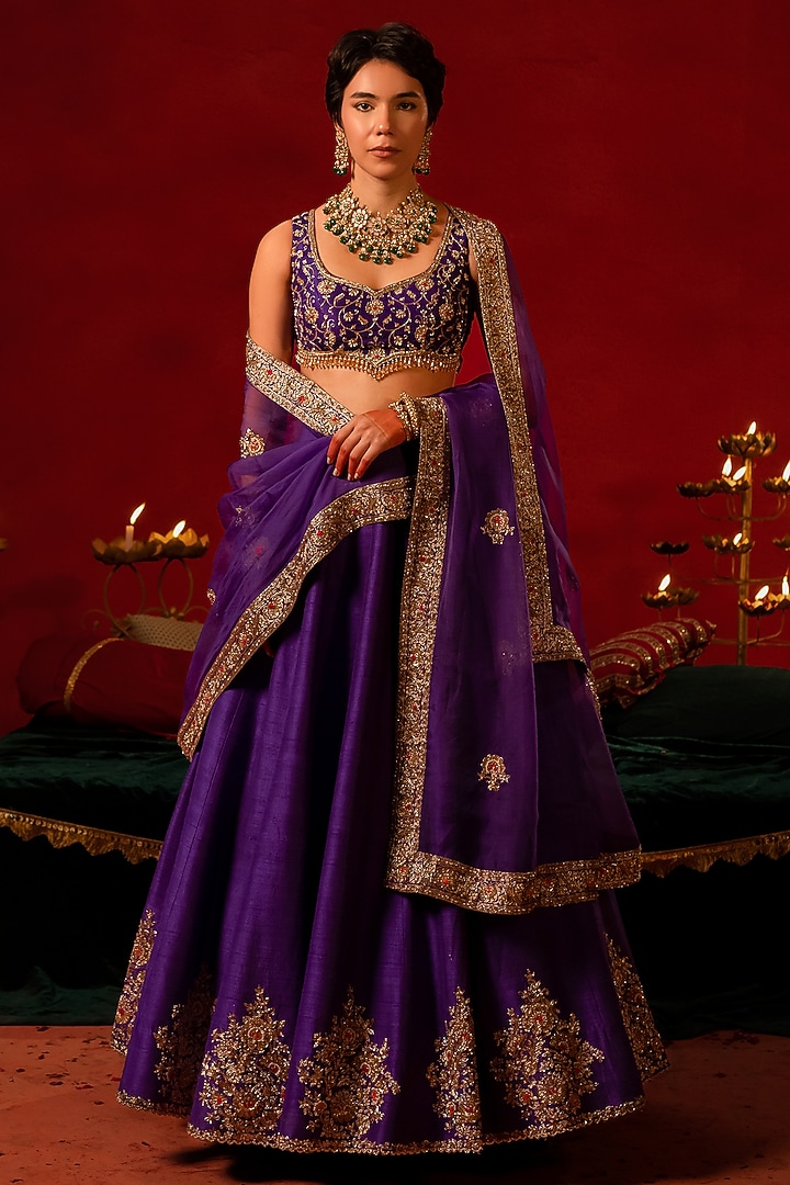 Purple Raw Silk Pitta Work  dulhan bday 22 may Lehenga Set by AMRIN KHAN at Pernia's Pop Up Shop