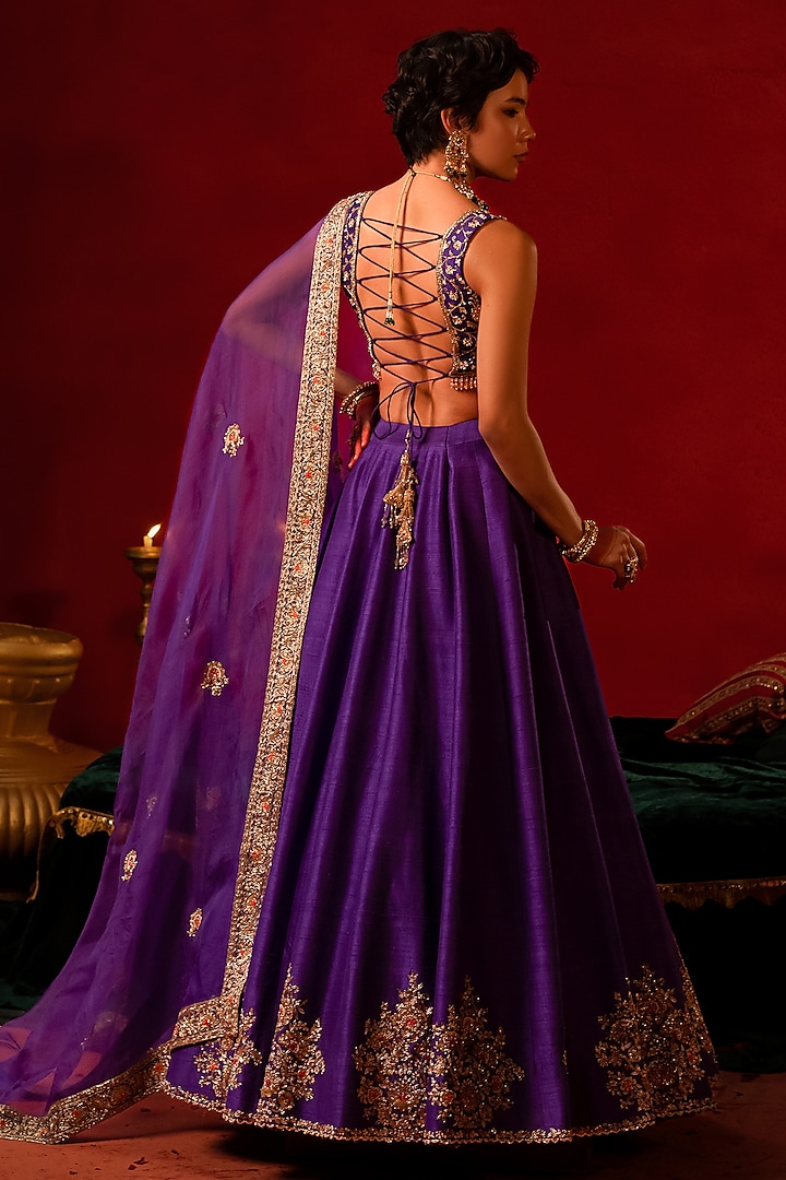 Purple Raw Silk Pitta Work Wedding Lehenga Set by AMRIN KHAN at Pernia's Pop Up Shop