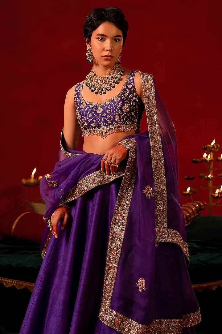Purple Raw Silk Pitta Work Wedding Lehenga Set by AMRIN KHAN at Pernia's Pop Up Shop