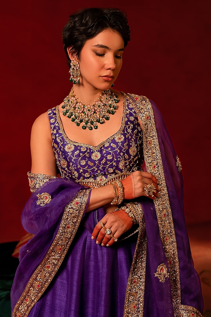 Purple Raw Silk Pitta Work Wedding Lehenga Set by AMRIN KHAN at Pernia's Pop Up Shop