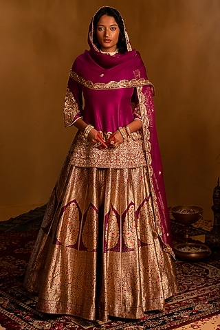 Magenta Purple Banarasi Woven Lehenga Set by AMRIN KHAN
