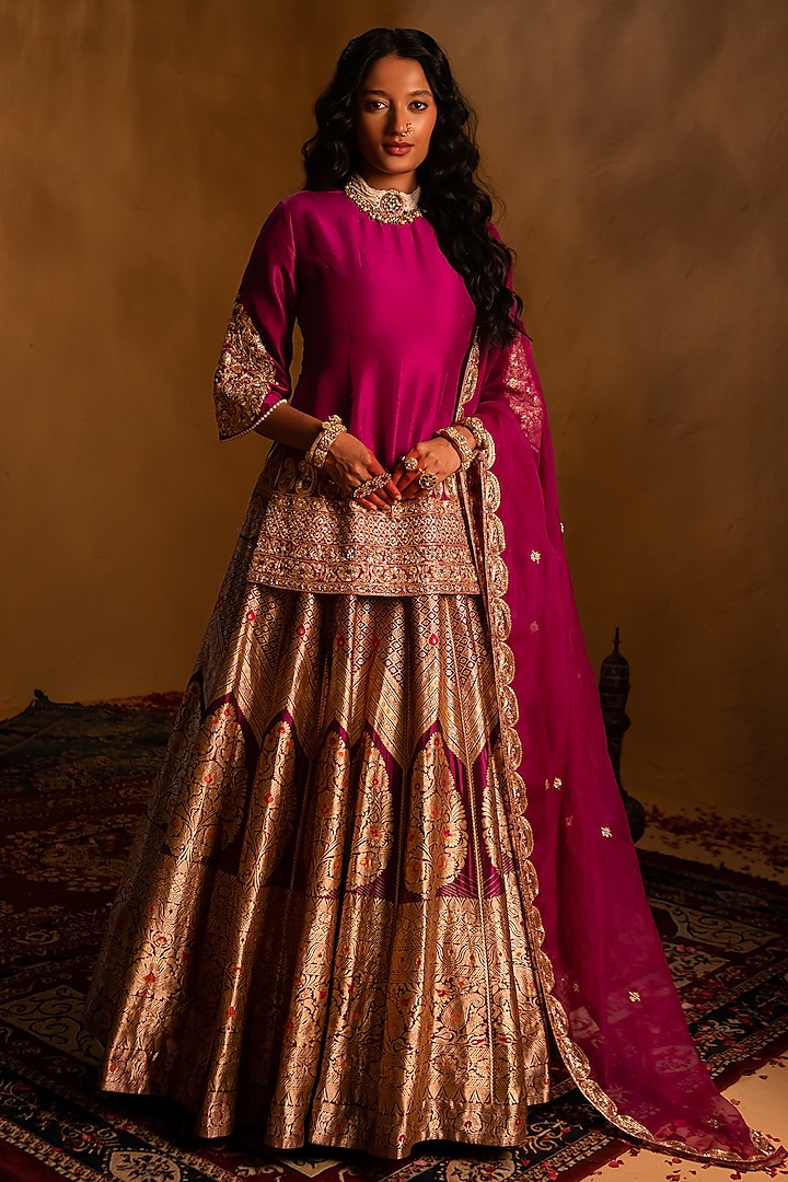 Magenta Purple Banarasi Woven Bridal Lehenga Set by AMRIN KHAN at Pernia's Pop Up Shop