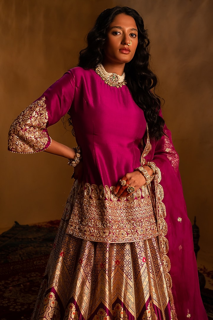 Magenta Purple Banarasi Woven Bridal Lehenga Set by AMRIN KHAN at Pernia's Pop Up Shop