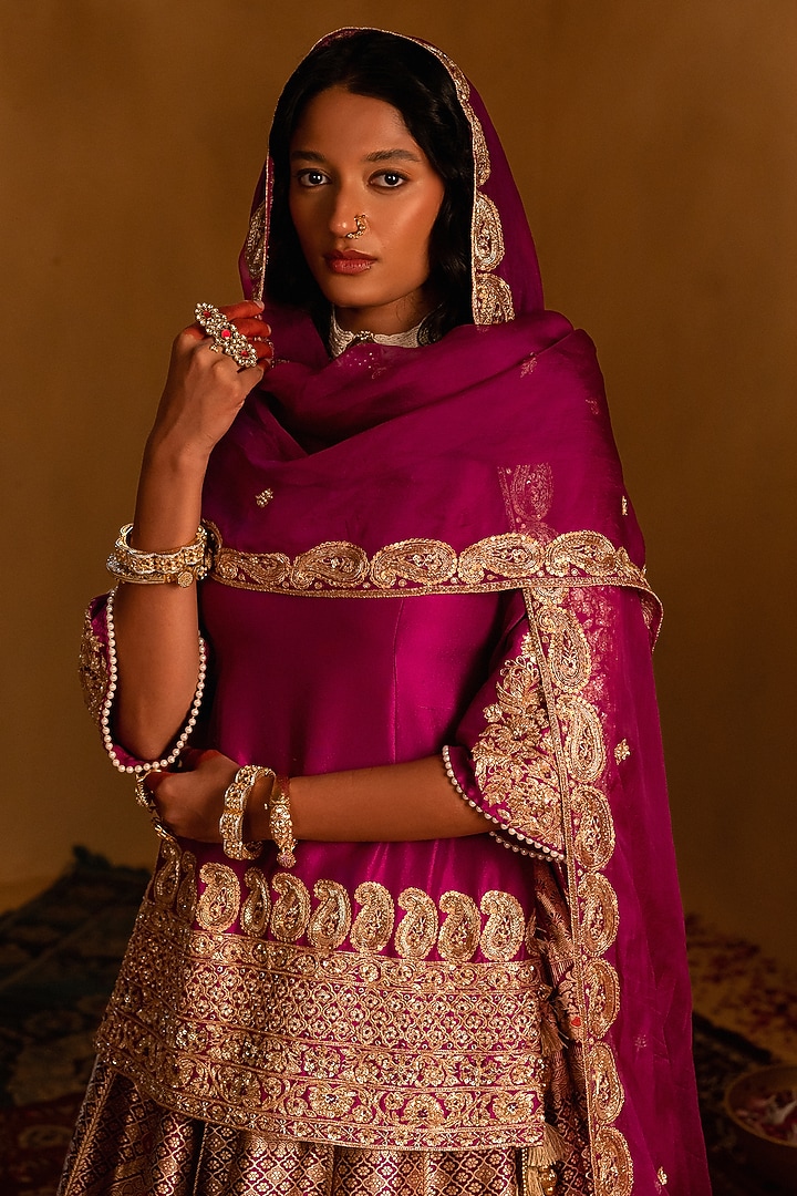 Magenta Purple Banarasi Woven Bridal Lehenga Set by AMRIN KHAN at Pernia's Pop Up Shop