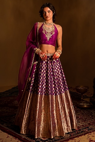 Magenta Purple Banarasi Lehenga Set by AMRIN KHAN