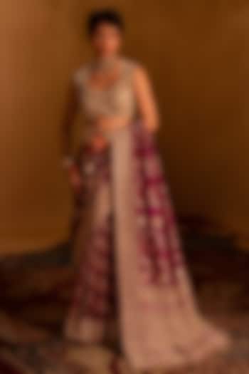 Purple Banarasi Zardosi Embellished Bridal Saree Set by AMRIN KHAN at Pernia's Pop Up Shop