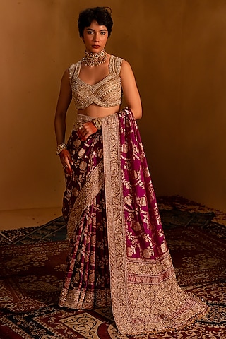 Purple Banarasi Zardosi Embellished Saree Set by AMRIN KHAN
