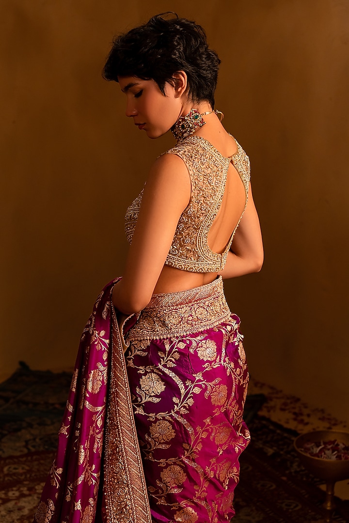 Purple Banarasi Zardosi Embellished Bridal Saree Set by AMRIN KHAN at Pernia's Pop Up Shop