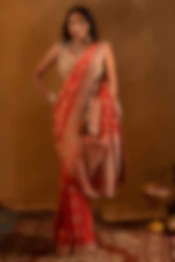 Orange Banarasi Bead Embellished Bridal Saree Set by AMRIN KHAN at Pernia's Pop Up Shop