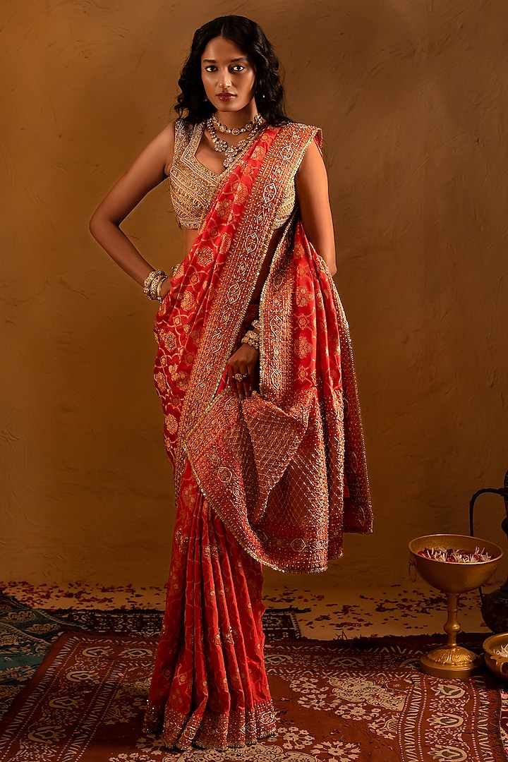 Orange Banarasi Bead Embellished Bridal Saree Set by AMRIN KHAN at Pernia's Pop Up Shop