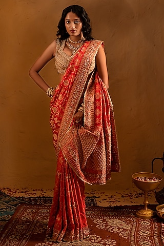 Orange Banarasi Bead Embellished Saree Set by AMRIN KHAN