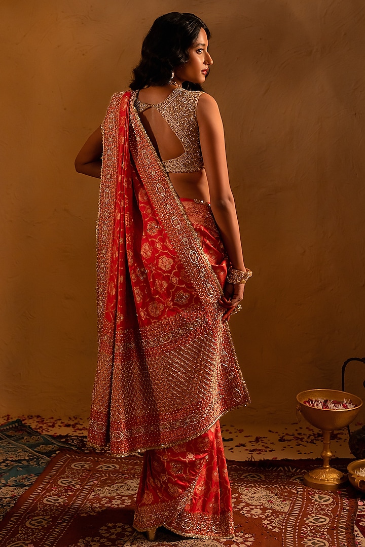 Orange Banarasi Bead Embellished Bridal Saree Set by AMRIN KHAN at Pernia's Pop Up Shop