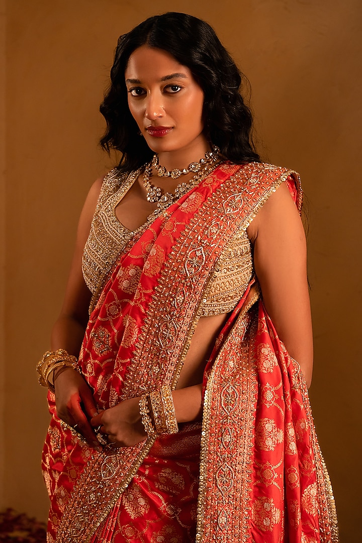 Orange Banarasi Bead Embellished Bridal Saree Set by AMRIN KHAN at Pernia's Pop Up Shop