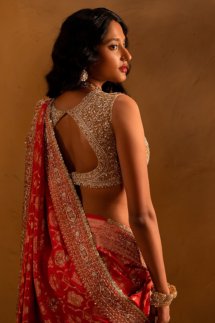 Orange Banarasi Bead Embellished Bridal Saree Set by AMRIN KHAN at Pernia's Pop Up Shop