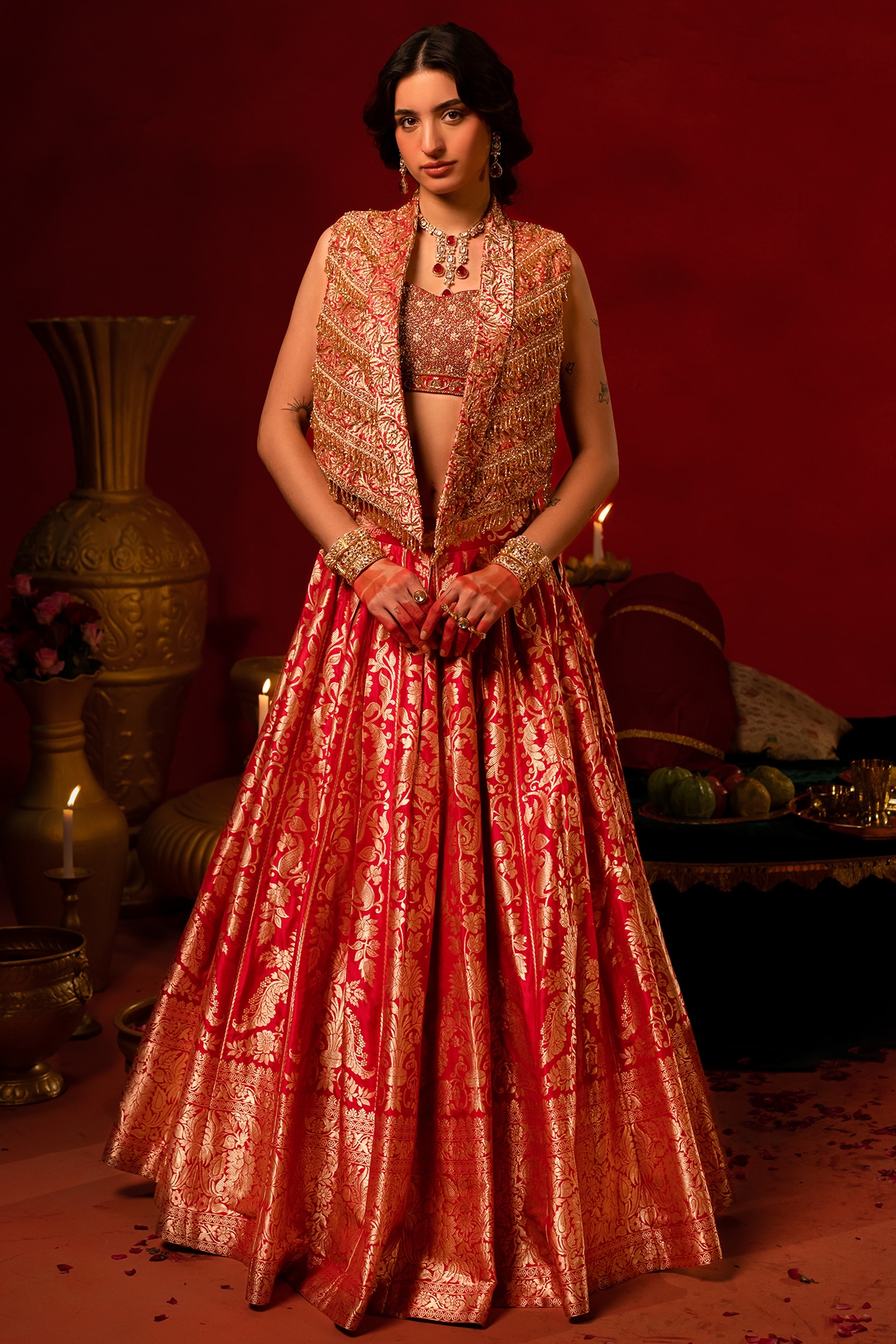 AMRIN KHAN Red Banarasi Jacket Lehenga Set