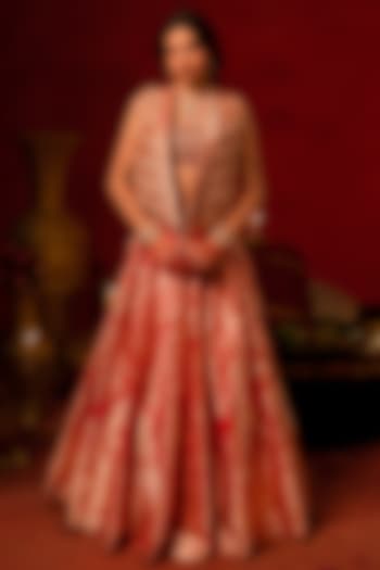 Red Banarasi Jacket Bridal lehenga for 22 Lehenga Set by AMRIN KHAN at Pernia's Pop Up Shop