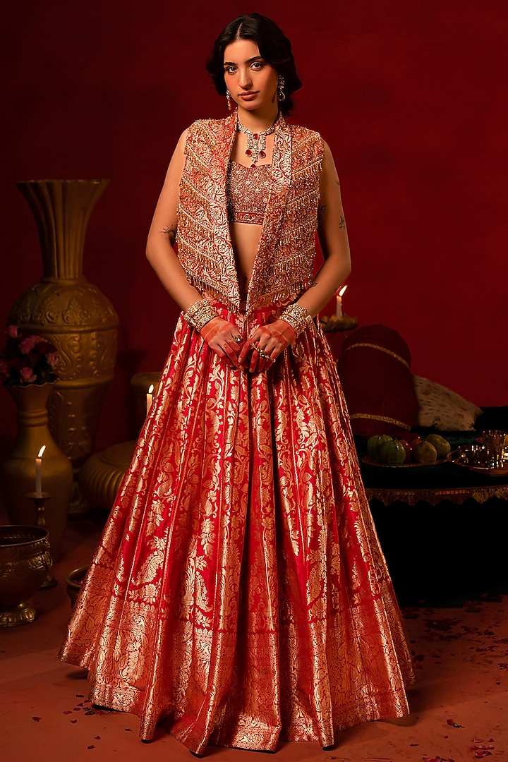 Red Banarasi Jacket Bridal lehenga for 22 Lehenga Set by AMRIN KHAN at Pernia's Pop Up Shop