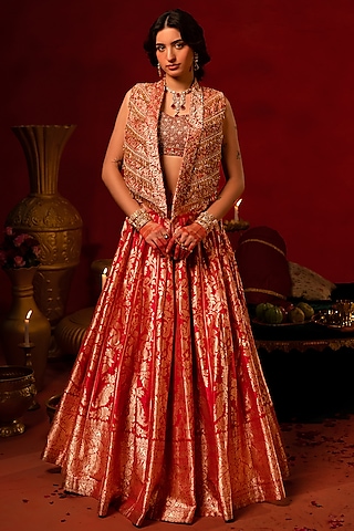 Red Banarasi Jacket Lehenga Set by AMRIN KHAN