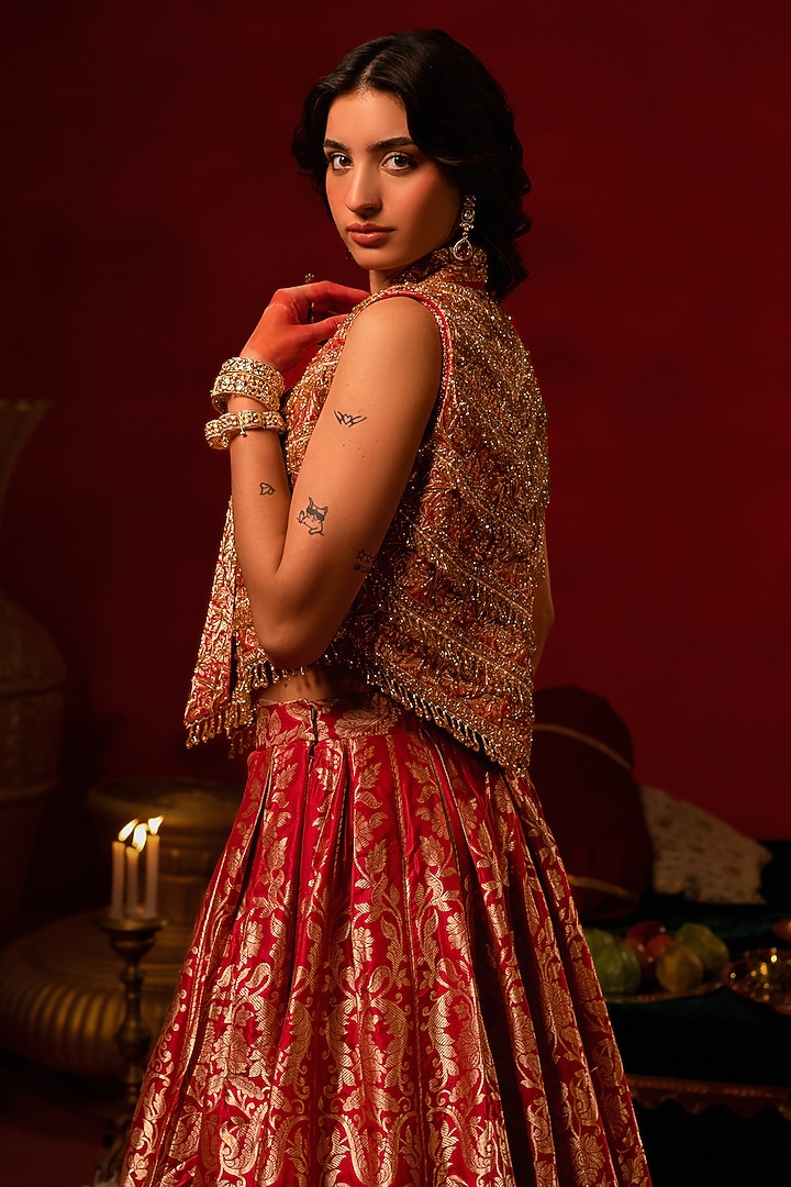 Red Banarasi Jacket Bridal Lehenga Set by AMRIN KHAN at Pernia's Pop Up Shop