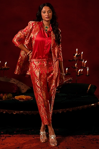 Red Banarasi Woven Blazer Set by AMRIN KHAN