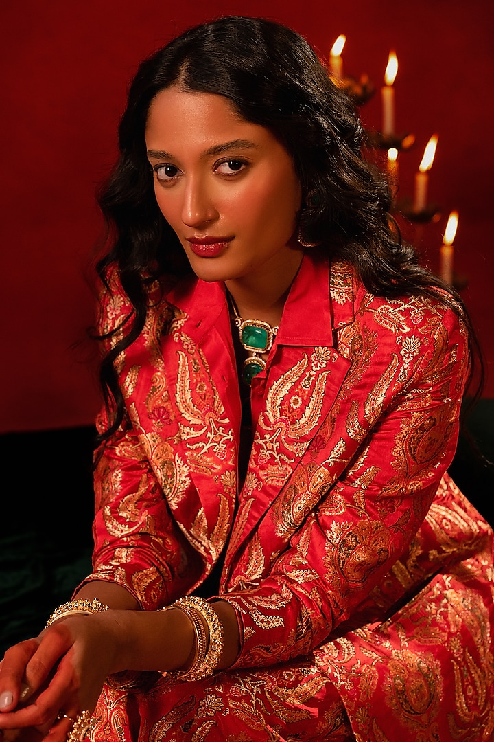 Red Banarasi Woven Blazer Set by AMRIN KHAN at Pernia's Pop Up Shop