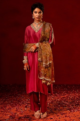 Pink Dupion Zardosi Embellished Kurta Set by AMRIN KHAN
