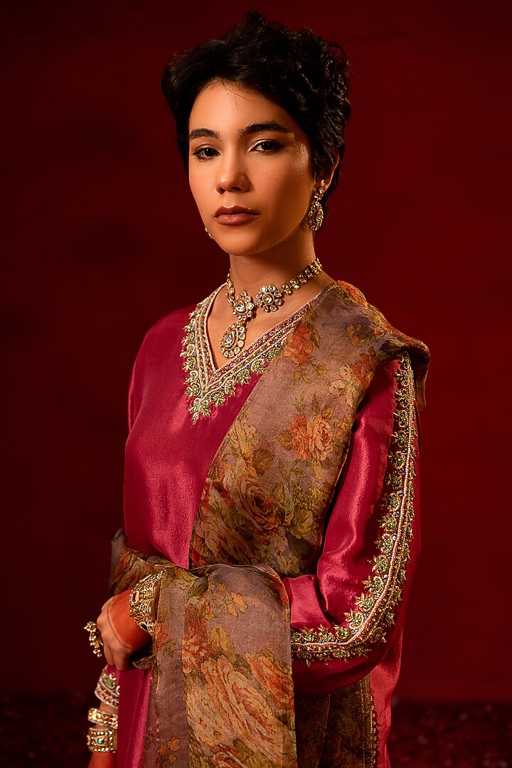 Pink Dupion Zardosi Embellished Kurta Set by AMRIN KHAN at Pernia's Pop Up Shop
