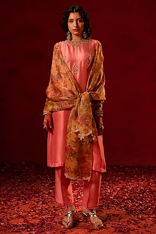 Coral Pink Dupion Zardosi Embellished Kurta Set by AMRIN KHAN