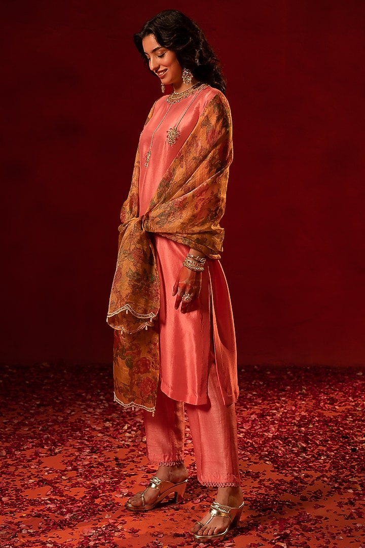 Coral Pink Dupion Zardosi Embellished Kurta Set by AMRIN KHAN at Pernia's Pop Up Shop