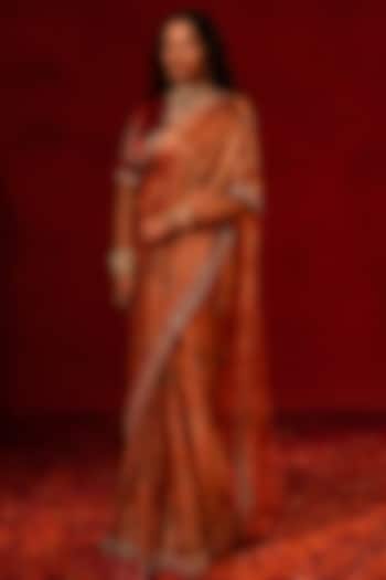 Red Tissue Zardosi Embellished Wedding Saree Set by AMRIN KHAN at Pernia's Pop Up Shop