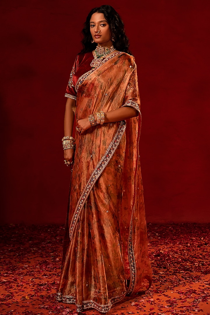 Red Tissue Zardosi Embellished Wedding Saree Set by AMRIN KHAN at Pernia's Pop Up Shop
