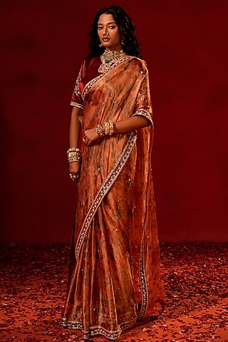 Red Tissue Zardosi Embellished Saree Set by AMRIN KHAN