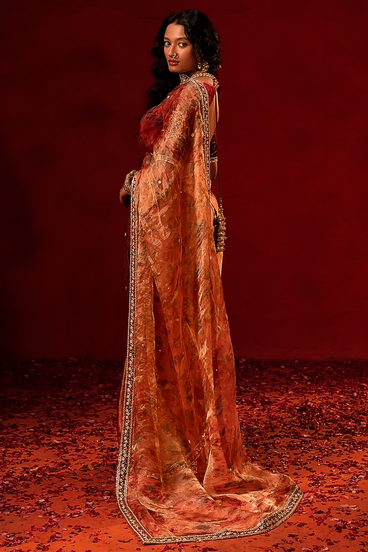Red Tissue Zardosi Embellished Wedding Saree Set by AMRIN KHAN at Pernia's Pop Up Shop