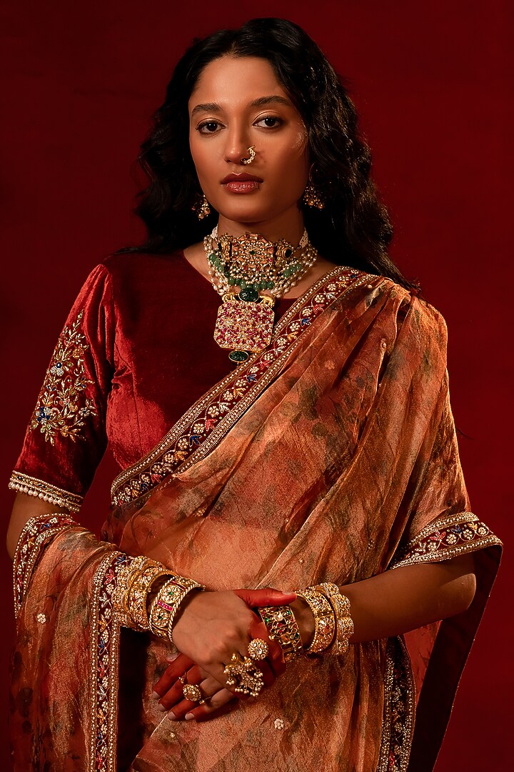Red Tissue Zardosi Embellished Wedding Saree Set by AMRIN KHAN at Pernia's Pop Up Shop