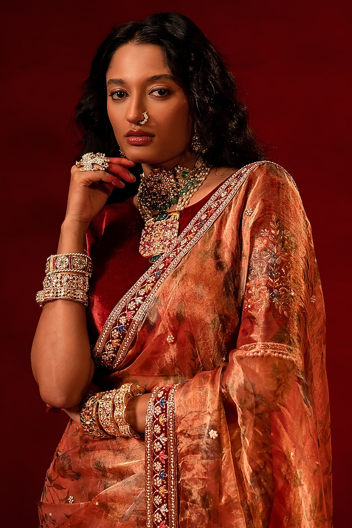Red Tissue Zardosi Embellished Wedding Saree Set by AMRIN KHAN at Pernia's Pop Up Shop