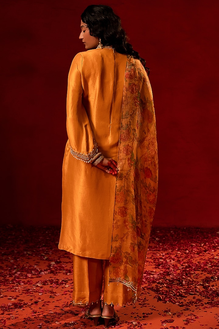 Yellow Dupion Zardosi Embellished Kurta Set by AMRIN KHAN at Pernia's Pop Up Shop