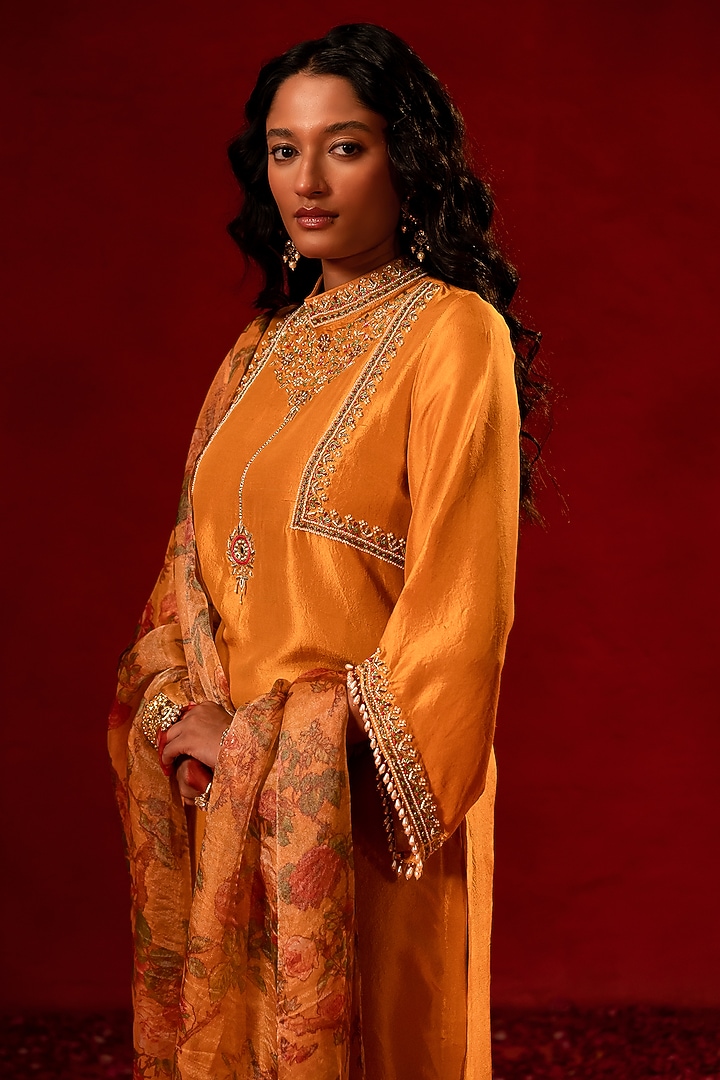 Yellow Dupion Zardosi Embellished Kurta Set by AMRIN KHAN at Pernia's Pop Up Shop