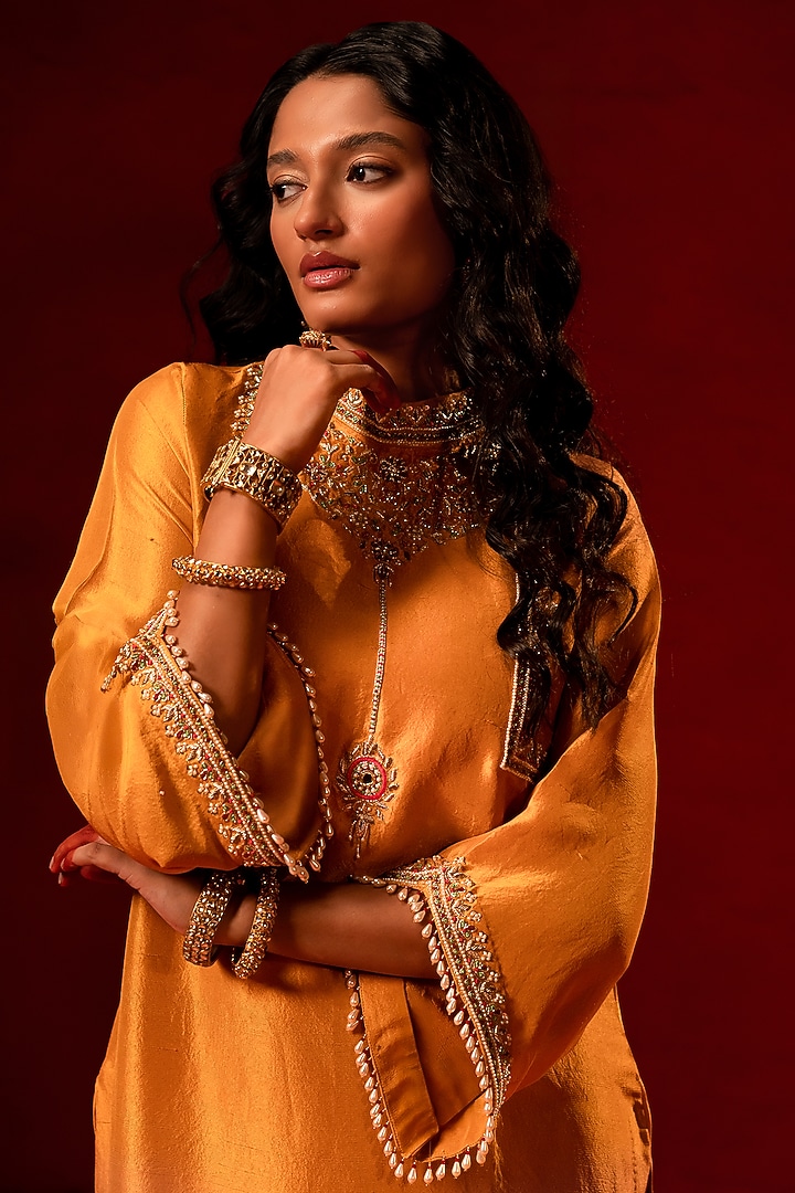 Yellow Dupion Zardosi Embellished Kurta Set by AMRIN KHAN at Pernia's Pop Up Shop